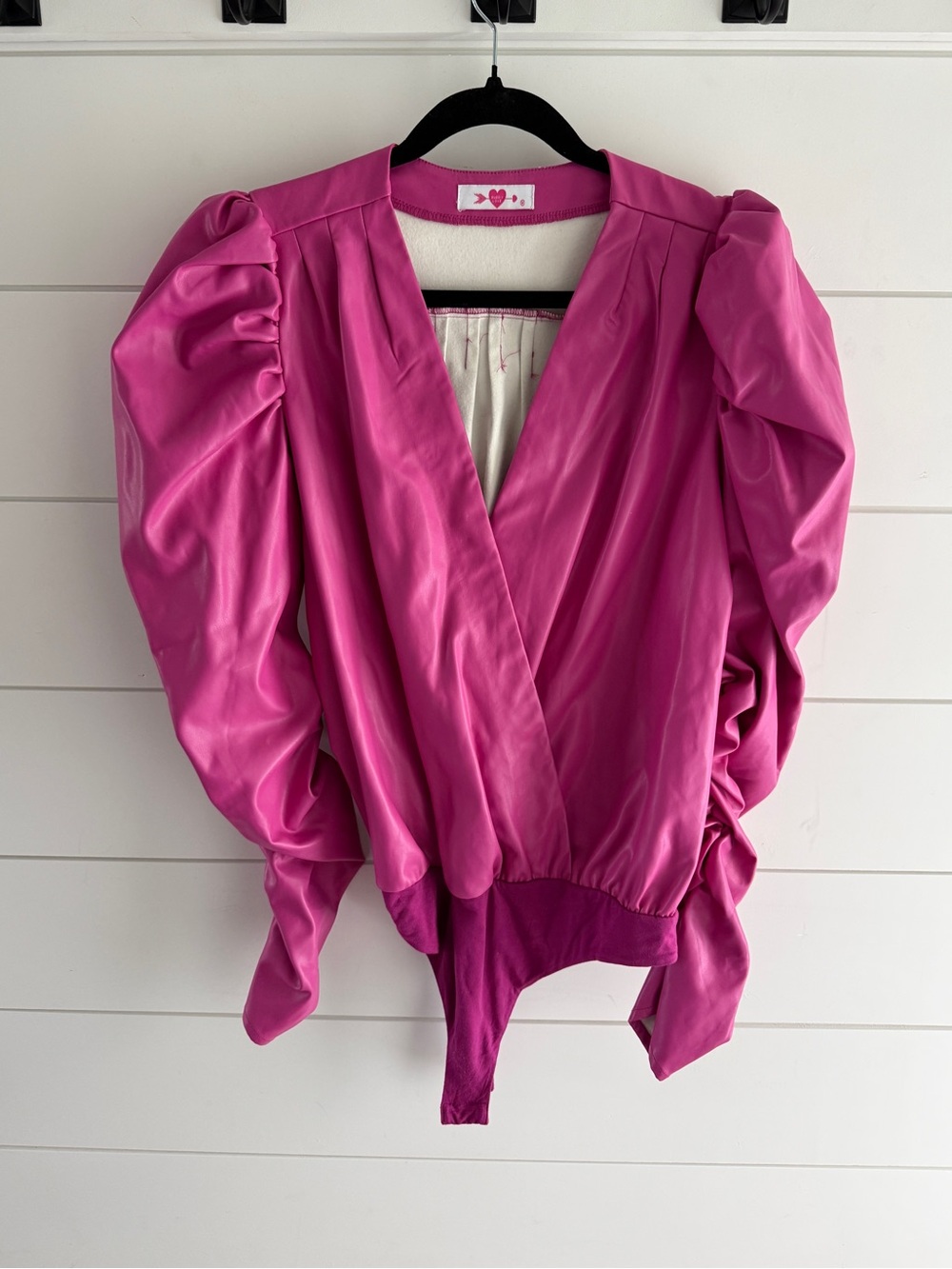 Buddy Love Vegan Leather Fuchsia Puff-Sleeve Surplice Bodysuit, Size Medium